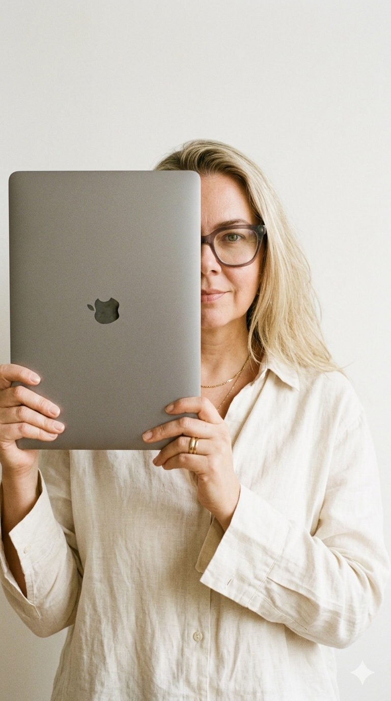 Bibiana Riedhorst, founder of PR Digital, working at her laptop