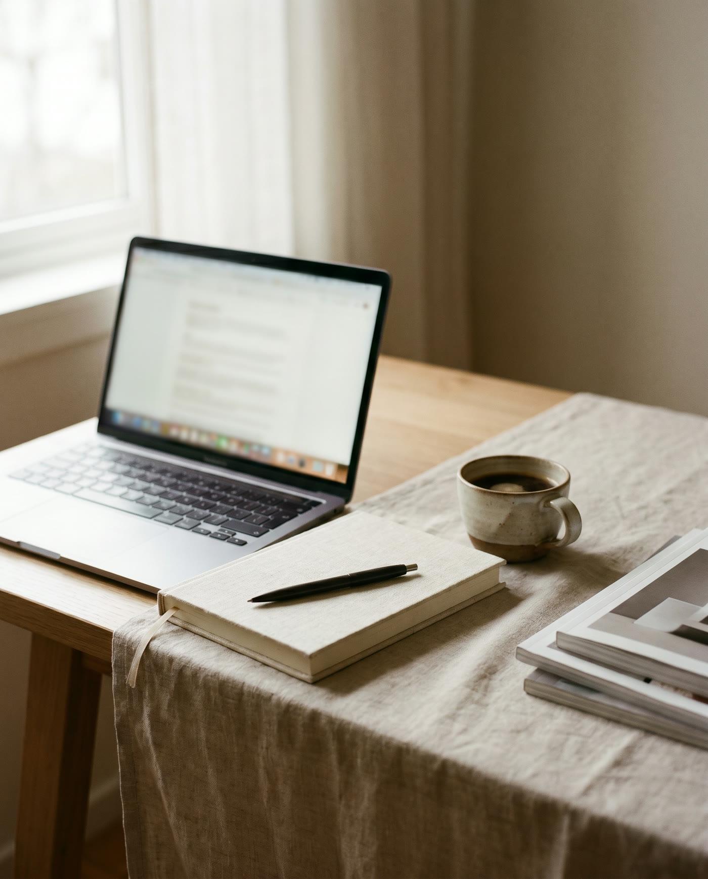 a journalist's calm workspace — laptop, notebook and coffee in soft morning light