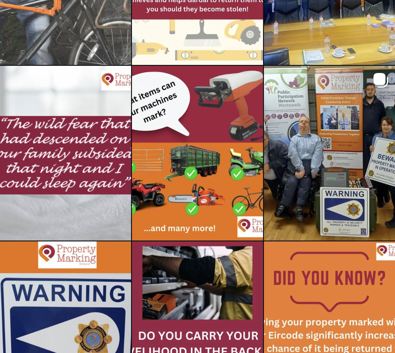property marking ireland instagram feed before — mixed templates, clashing colours, no system